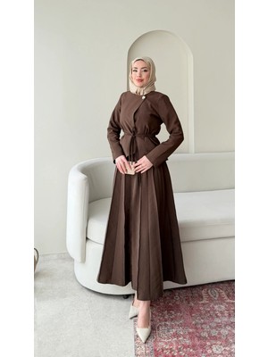 Miraydin Butik Tek Düğmeli Ceket ve Pileli Etek Takım - Kahverengi