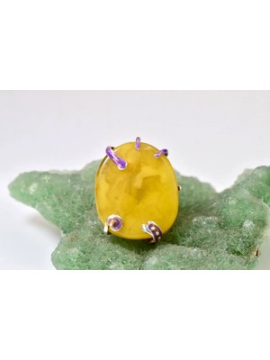 Doğaltaş Damla Kehribar Mine Işlemeli Gümüş Yüzük