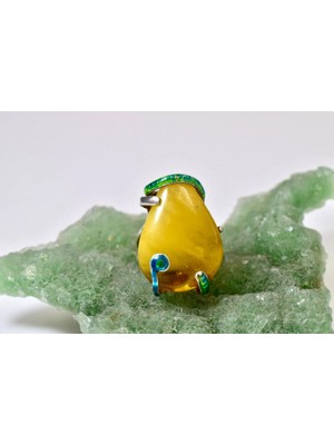 Doğaltaş Damla Kehribar Mine Işlemeli Gümüş Yüzük