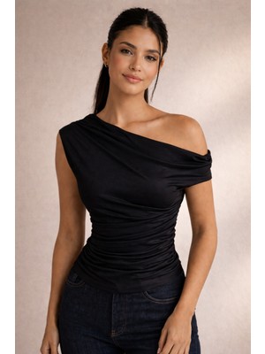 Cuyka Kadın Tek Omuz Drapeli Sandy Kumaş Bluz Şık Fit Günlük Kombin Bluz