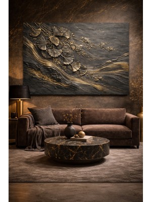 Artease Soyut Altın Akış Zarif Yapraklar Kanvas Tablo
