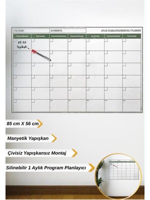 Plentiful 85 cm Kendinden Manyetik Yapışkanlı 1 Aylık Planlayıcı Sticer Duvar Takvimi