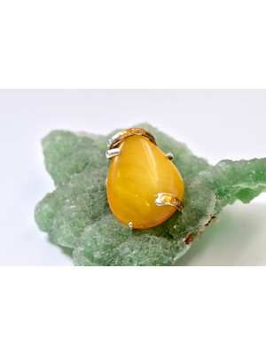 Doğaltaş Damla Kehribar Mine Işlemeli Gümüş Yüzük