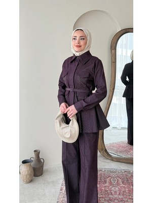 Miraydin Butik Taş Detaylı Belden Bağlamalı Kot Takım - Mürdüm