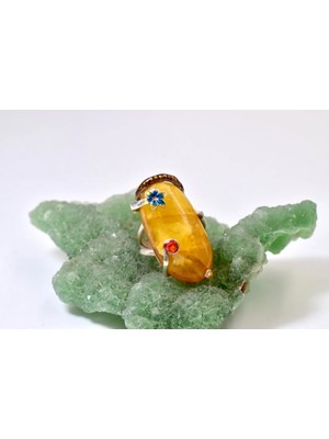 Doğaltaş Damla Kehribar Mine Işlemeli Gümüş Yüzük