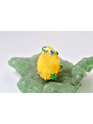 Doğaltaş Damla Kehribar Mine Işlemeli Gümüş Yüzük