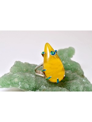 Doğaltaş Damla Kehribar Mine Işlemeli Gümüş Yüzük