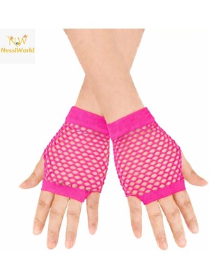 Urfakent 80’ler 90’lar Retro Neon Fuşya Şeker Pembesi File Parmaksız Kısa Eldiven 11 cm