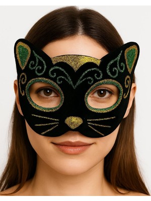 Urfakent Siyah Kadife Kaplama Üzeri Sarı Yeşil Sim Işlemeli Kedi Maskesi 20X13 cm