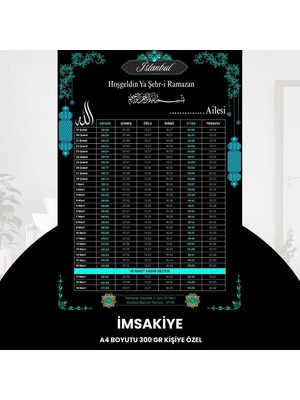 Urfakent Ramazan Imsakiyesi - 300 gr - A4 Boyut Kişiye Özel Isimli & Logolu 1 Adet Siyah-Mavi