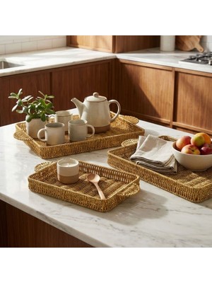 Urfakent Buffer® Iç Içe Geçebilen 3’lü Dikdörtgen Plastik Rattan Tepsi Seti–hasır Görünümlü Çok Amaçlı Servis ve Sunum Tepsileri