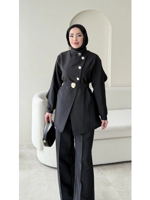 Miraydin Butik Hare Taşlı Belden Bağlamalı Pantolonlu Takım - Siyah