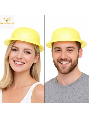 Urfakent Sarı Simli Melon Şapka | Ince Plastik Glitter Yetişkin Parti Şapkası
