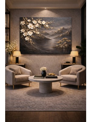 Artease Soyut Altın Dağ Beyaz Çiçekler Kanvas Tablo