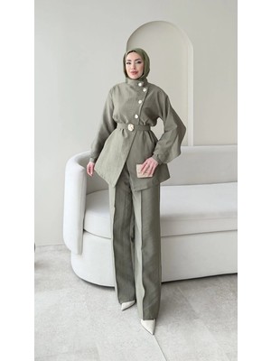 Miraydin Butik Hare Taşlı Belden Bağlamalı Pantolonlu Takım - Yeşil