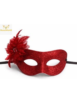 Urfakent Kırmızı Simli Tüylü Balo Maskesi – Kadın Parti &amp; Maskeli Balo Maskesi