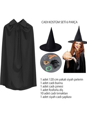 Urfakent Cadı Kostüm Seti 6 Parça - Şapka Pelerin Diş Tırnaklar Çene ve Burun