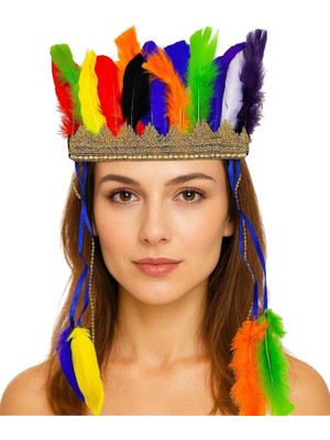 Urfakent Rengarenk Tüylerle Işlenmiş Lastikli Kızılderili Başlığı