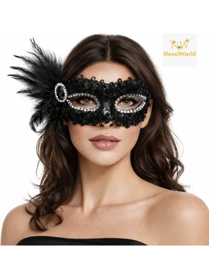 Urfakent Siyah Taşlı Venedik Parti Maskesi – Tüylü Payetli