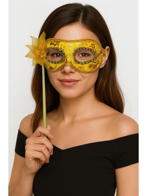 Urfakent Nessiworld Lüks Taşlı Saplı Maskeli Balo Maskesi Altın Renk 35 cm