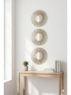 Urfakent 3’lü Gold Güneş Desenli Duvar Aynası Seti 27 cm | Dekoratif Yuvarlak Ayna