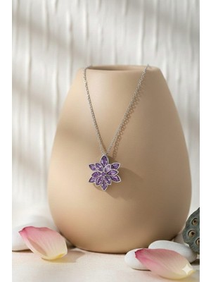 Papatya Silver 925 Ayar Zirkon Taşlı Lotus Çiçeği Kolye.rose.gold.rodaj