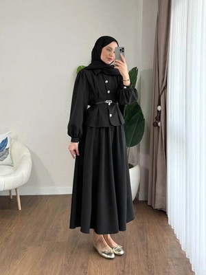 Miraydin Butik Kemer Detaylı Pensli Gömlek ve Etek Takım - Siyah