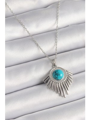 Hopinip 316L Çelik Gümüş Renk Zincir Mavi Boncuklu Zirkon Taşlı Kadın Kolye - Lisinya