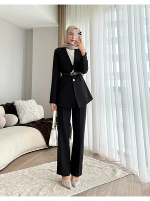 Miraydin Butik Double Kumaş Kemerli Ceket ve Pantolon Takım - Siyah