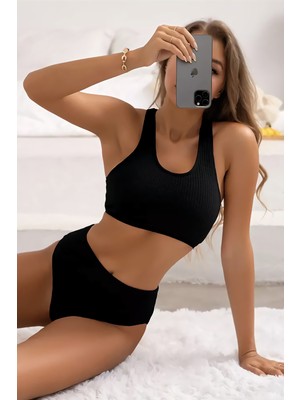 Fantastik Store Kadın Siyah Çapraz Sırt Detaylı Iç Çamaşır Takımı