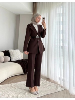 Miraydin Butik Double Kumaş Kemerli Ceket ve Pantolon Takım - Kahverengi