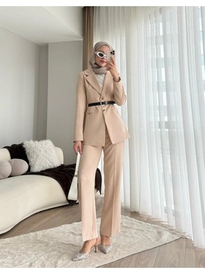 Miraydin Butik Double Kumaş Kemerli Ceket ve Pantolon Takım - Bej