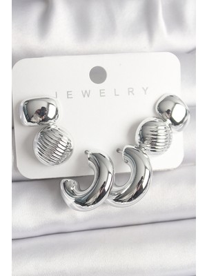 Hopinip Gümüş Renk Işlemeli Daire Halka Model Ccb Platik Kadın Küpe Seti - Lisinya