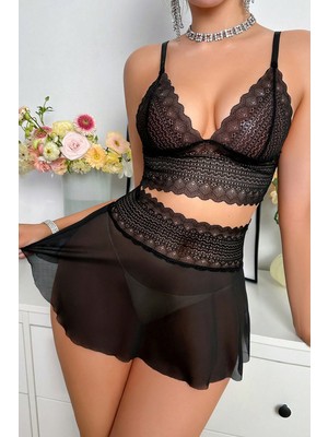 Fantastik Store Kadın Siyah Dantel ve Tül Detaylı Etekli Şık Gecelik Takımı