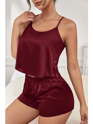 Fantastik Store Kadın Bordo Asimetrik Sırt Dekolte Detaylı Şık Şortlu Gecelik Takım