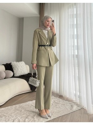 Miraydin Butik Double Kumaş Kemerli Ceket ve Pantolon Takım - Yeşil