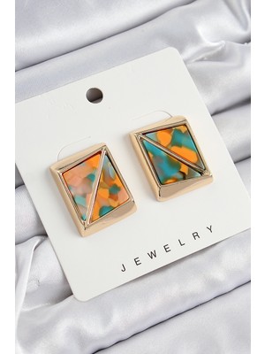 Hopinip Pirinç  Turuncu Yeşil Üçgen Kesim Detaylı Kare Model Vintage Gold Renk Kadın Küpe - Lisinya