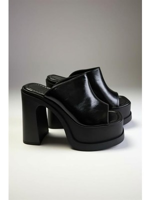 M&B COLLECT Kadın Marci Siyah Krışıkrugan Geniş Bantlı (12 cm ) Platform Topuklu Terlik 1001