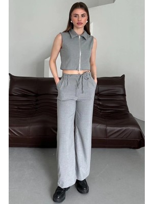 Hiccup Kadın My Fashıon Kolsuz Fermuarlı Yelek & Geniş Paça Pantolon Ikili Takım Gri