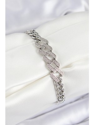 Hopinip Pirinç Zirkon Taşlı Ezme Küba Zincir Model Gümüş Renk Kadın Bileklik - Lisinya