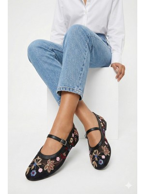 Nmoda File Nakış ve Nakış Işleme Detaylı Yuvarlak Burun Lüks Kadın Babet