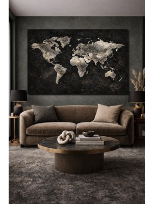 Artease Modern Gümüş Tonlu Dünya Haritası Kanvas Tablo