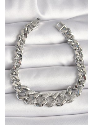 Hopinip Pirinç Gümüş Renk Zirkon Taşlı Kalın Halka Model Kadın Bileklik - Lisinya