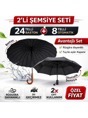 Toptancı Amca 24 Telli Baston Şemsiye + 8 Telli Otomatik Şemsiye 2’li Set | Rüzgâra Dayanıklı, Su Geçirmez
