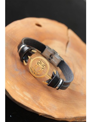 Hopinip Gold Renk Baykuşlu Metal Aksesuarlı Siyah Renk Deri Erkek Bileklik - Lisinya