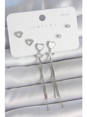 Hopinip Pirinç Gümüş Sallantı Beyaz Mineli Kalp Model Zirkon Taşlı Kalp Detay 925 Ayar Gümüş Çivi Kadın Küpe Seti - Lisinya