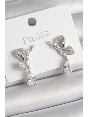 Hopinip Pirinç Gümüş Renk Zirkon Taşlı Turna Kuşu Model Sallantı Detay Kadın Küpe - Lisinya