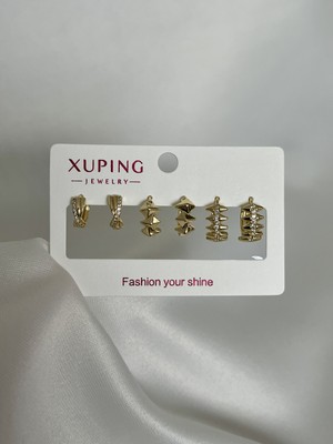 Yeknova Xuping 14K Gold Renginde Taşlı 3 Çift (6ADET) Kararmaz Kadın Halka Küpe (Kıkırdak + Lobe Kombini)