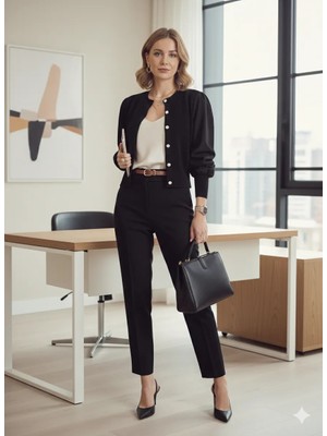 Melek Kostak Siyah Bisiklet Yaka Şeritli Düğmeli Poplin Detay Balon Kol Prenses Kol Triko Hırka-Bluz