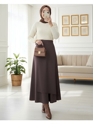 Modamorfo Önü Çapraz Çift Katlı Scuba Etek -K. Kahve